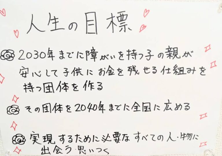手書きの「人生の目標」… 2030年までに障がいのある子の親が安心してお金を残せる仕組みを持つ団体を作り、2040年までに全国へ広める