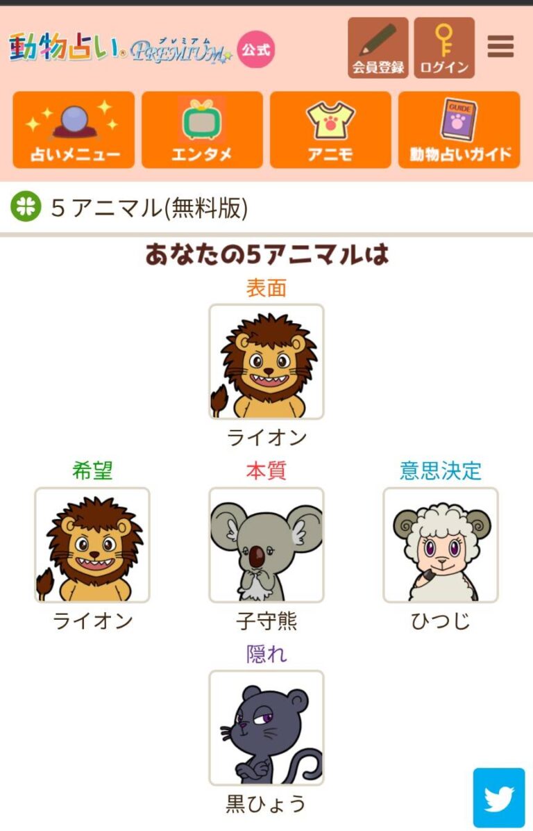親の動物占い5アニマル結果(ライオン・子守熊・ひつじ・黒ひょう)