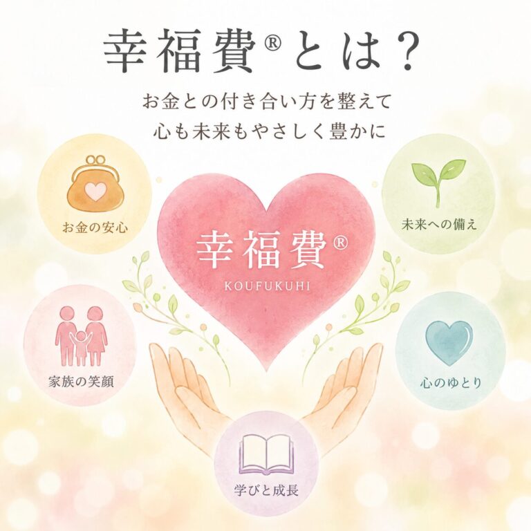 幸福費®とは？の図解。ハートの中の「幸福費®」を両手が支え、まわりにお金の安心・家族の笑顔・未来への備え・心のゆとり・学びと成長の5つが並んでいる