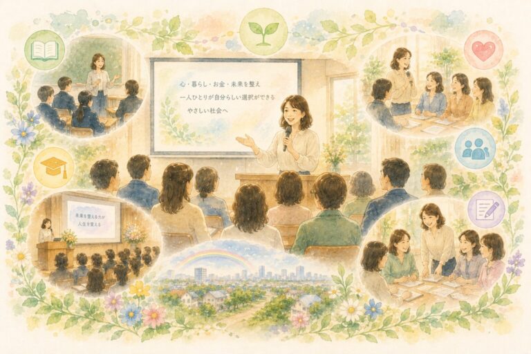 学校での授業や講演、地域活動、勉強会など、やなが恭子の活動実績を表したイメージ