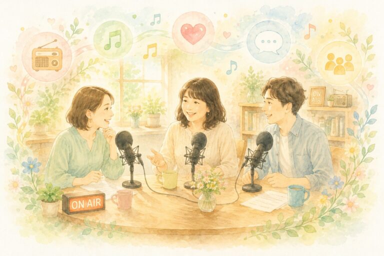 ラジオ番組でゲストと対談し、暮らし・子育て・お金・地域活動について語り合う様子