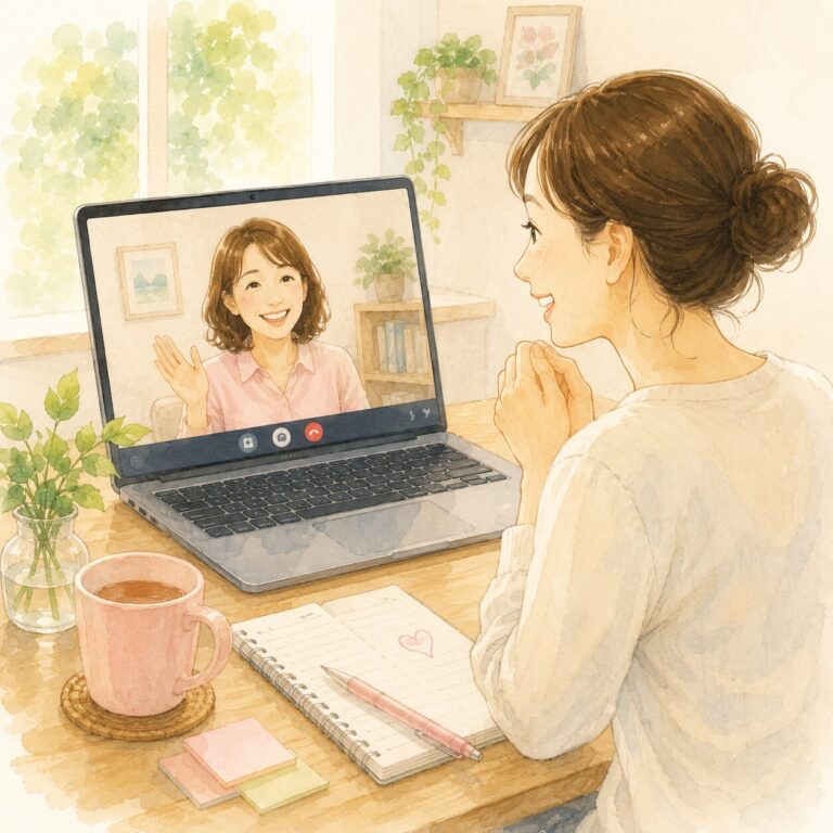 オンラインで幸福費®個別相談を受け、画面越しに安心して話しながら将来や家計について整理している様子