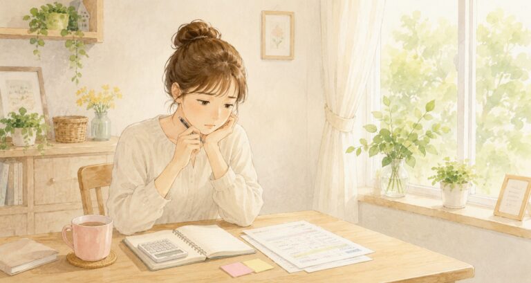 教育費や家計、将来のお金について少し困りながら考えている女性
