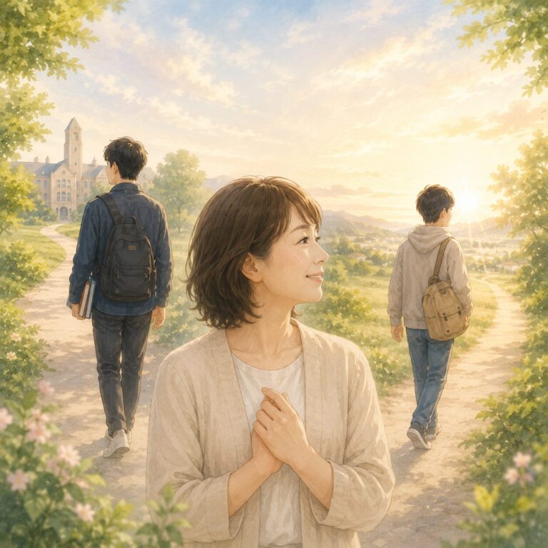 母親がそれぞれ違う道を歩む二人の子どもを見守る様子