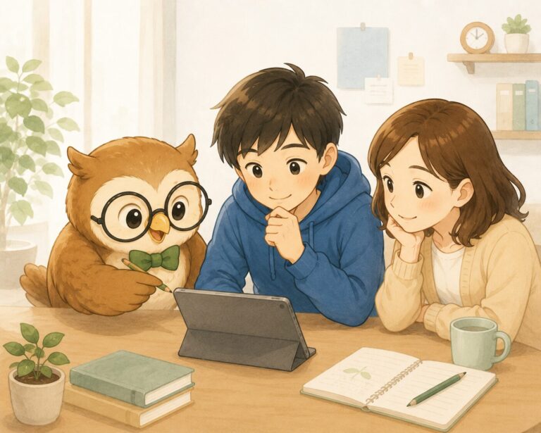はると君が学生と一緒に考えを整理しているイラスト