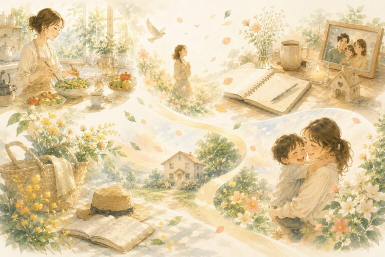 料理や家族との時間、振り返る時間など、自分らしい暮らしを育てていくイメージ