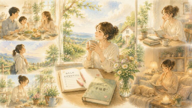 家族との時間や読書、散歩、一人で過ごす時間など、自分らしい幸福費®の考え方を描いたイメージ