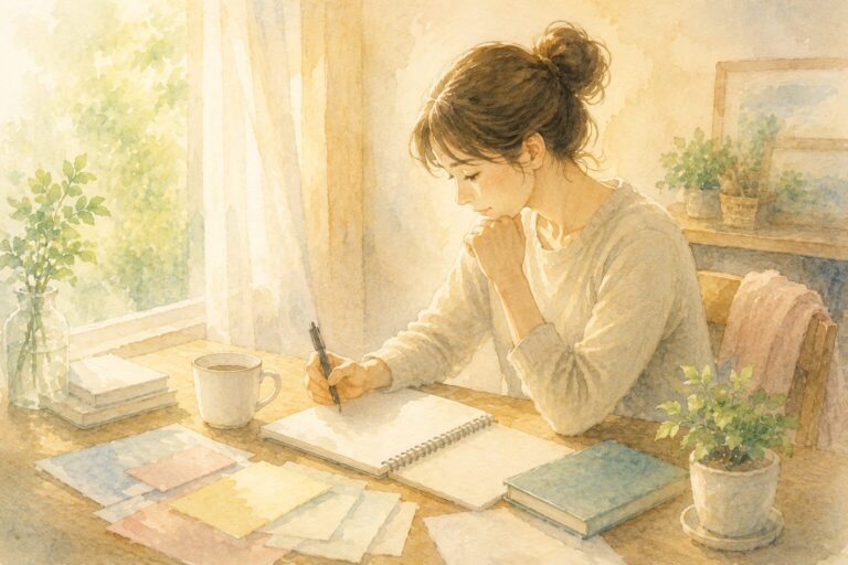これからのことを静かに整理する女性のイメージ