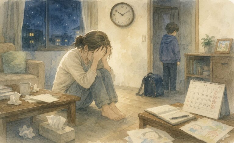 夜のリビングでひとり悩む親のイメージ