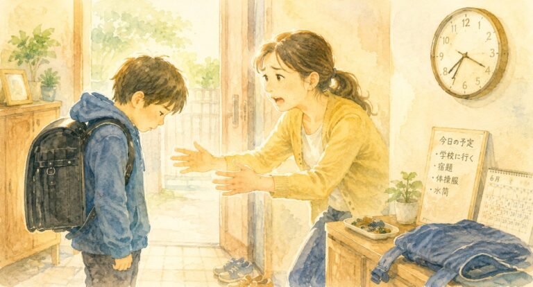 朝の玄関で学校へ行けない子どもに声をかける親のイメージ
