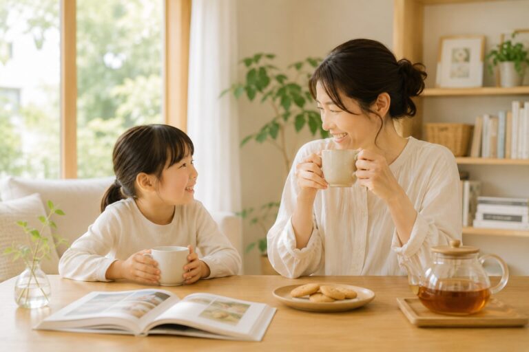 親子がお茶を飲みながらゆっくり会話を楽しむ様子