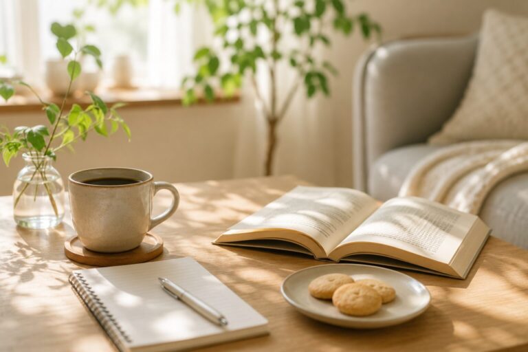 本やノートとコーヒーを前に自分の暮らしを見直す時間