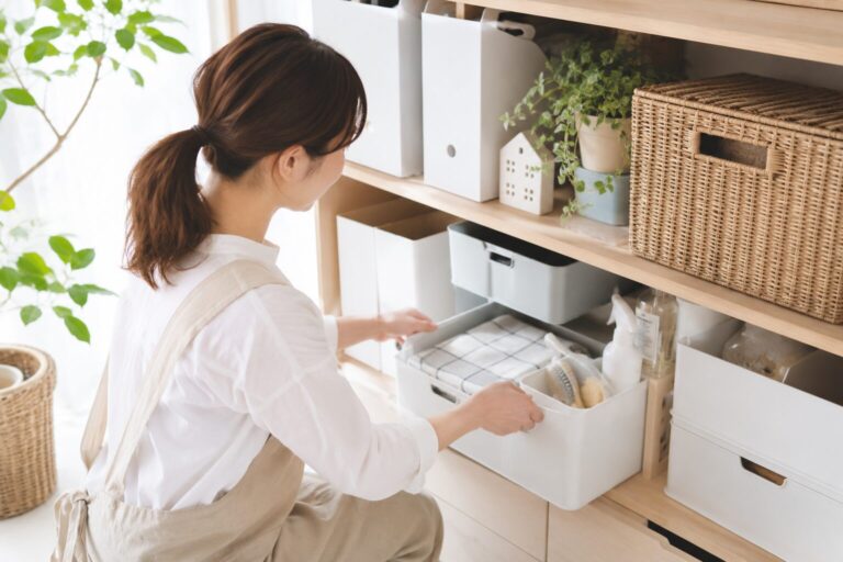収納を見直して日用品を使いやすい場所へ整理する女性