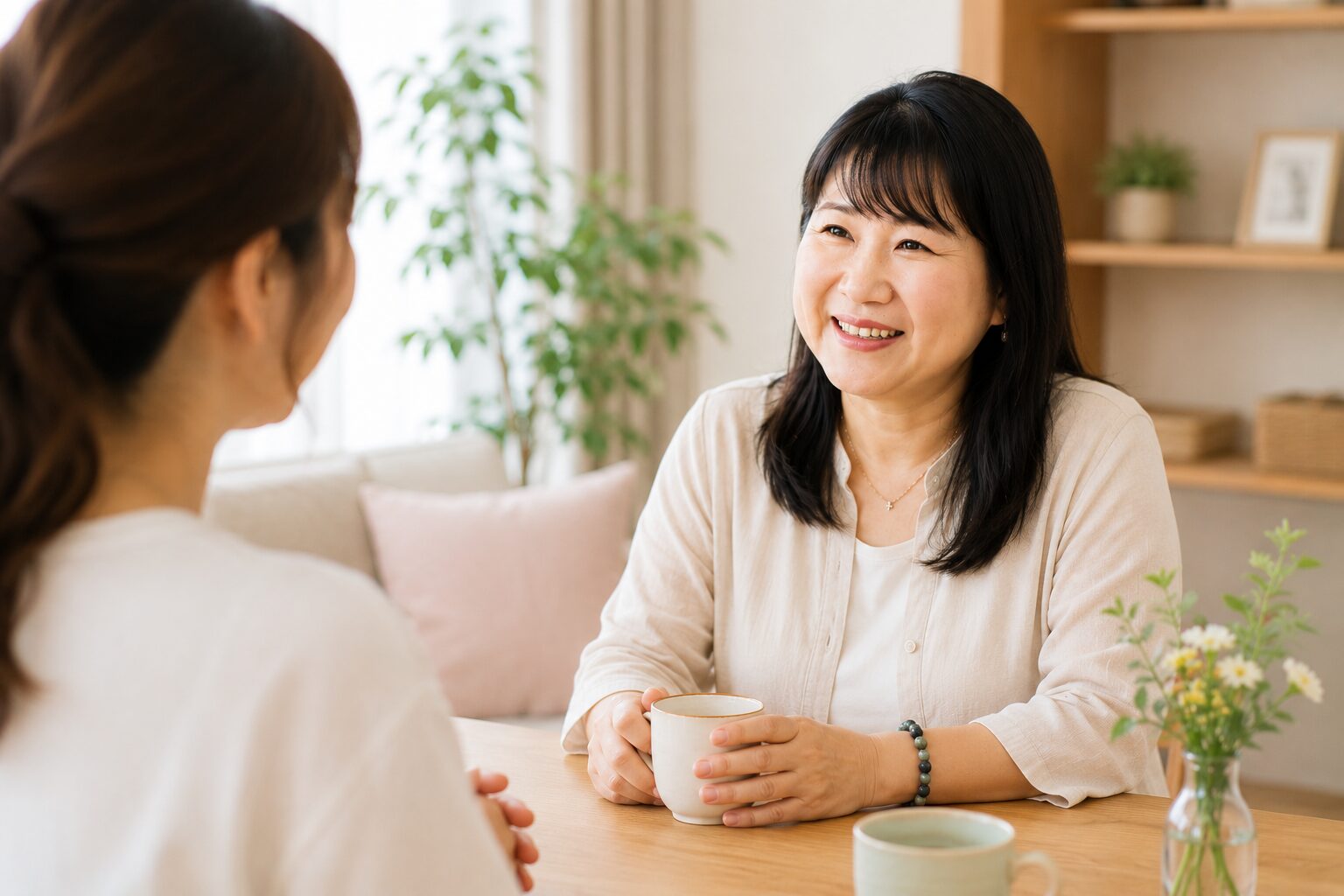 赤ちゃんを抱いたお母さんと笑顔で近況を話している様子