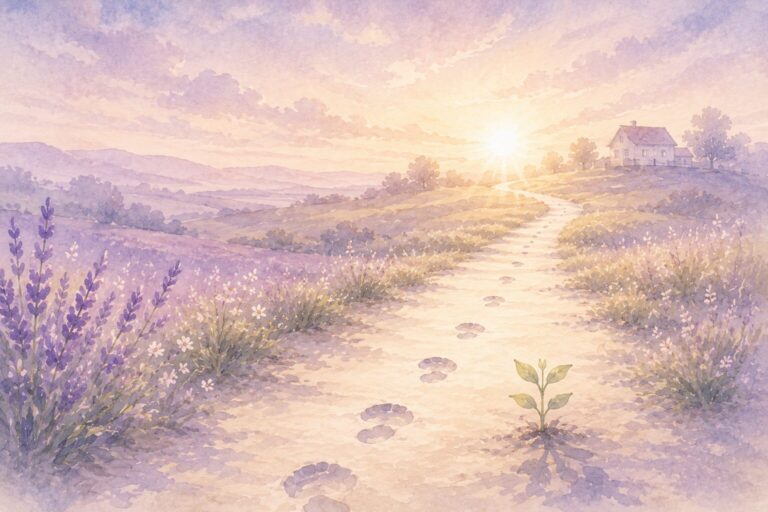 朝の光が差す道に足あとが続き、その先に小さな芽と家が見えるイラスト