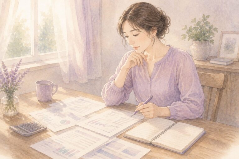 家計の資料を広げて、将来のお金について考え込んでいる女性