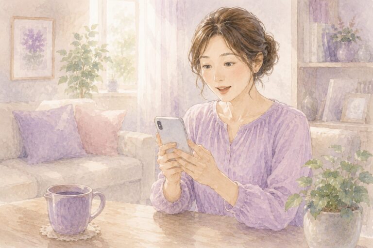 スマートフォンでかんたん未来診断を見て、気づいた様子の女性