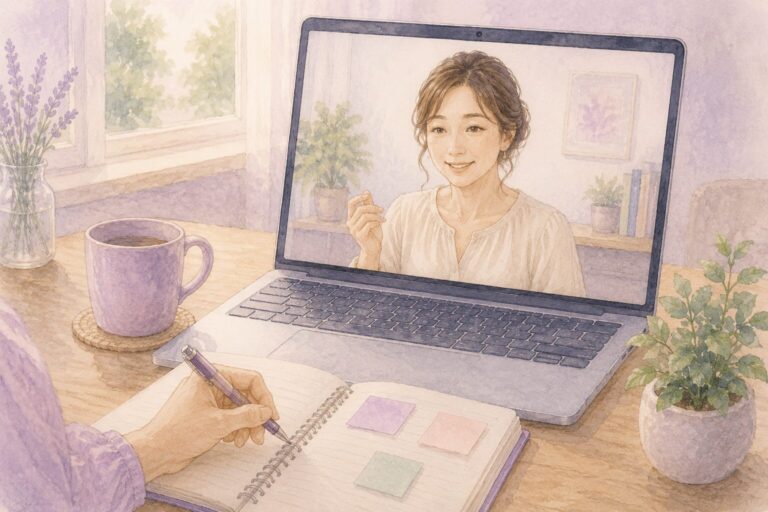 Zoomの画面越しに相談相手と話しながら、ノートに書き留めて一緒に整理している様子