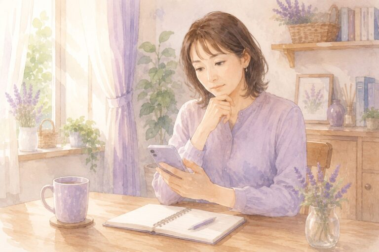 スマートフォンで毎月の支払いを見直す女性