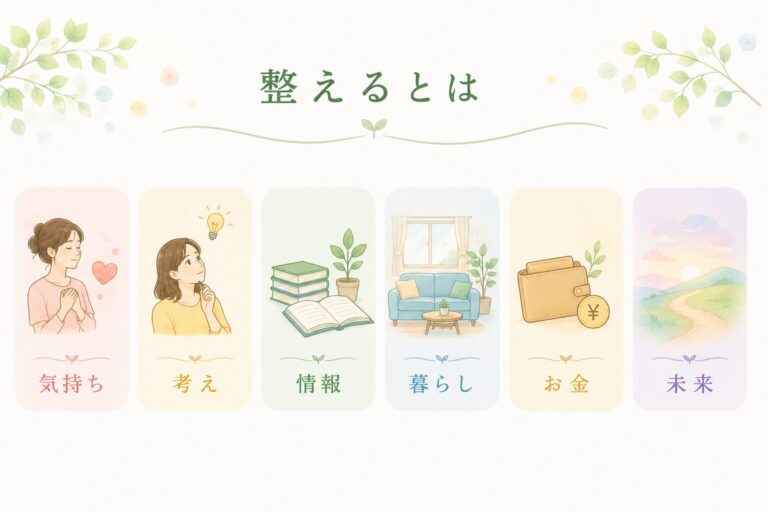 整え文化®の「整える」とはを表したイラスト。気持ち・考え・情報・暮らし・お金・未来の6つを整え、自分らしい選択につなげる考え方を表現しています