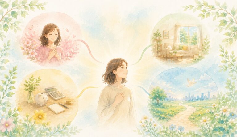 整え文化®の理念を表したイメージイラスト。心・暮らし・お金・未来がつながり、一人ひとりが自分らしい選択を育てる考え方を表現しています