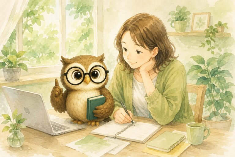 フクロウのはると君と一緒に、子どもの将来やお金について穏やかに考えを整理する保護者のイラスト