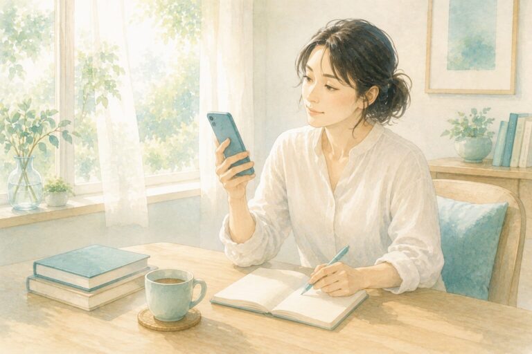 スマートフォンに出たAIの答えを、ノートを手元に置いて一度立ち止まって確かめている女性
