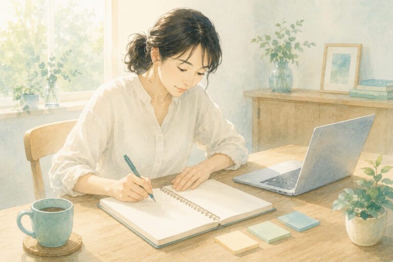 FPがノートに手書きで流れを書き出しながら、考えるための道具を組み立てている様子