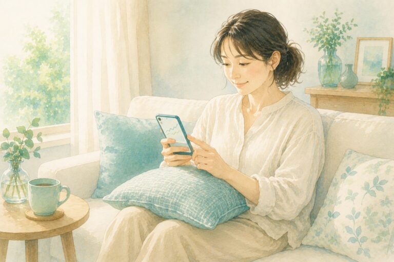 ソファでスマートフォンから、かんたん未来診断を気軽に試している女性