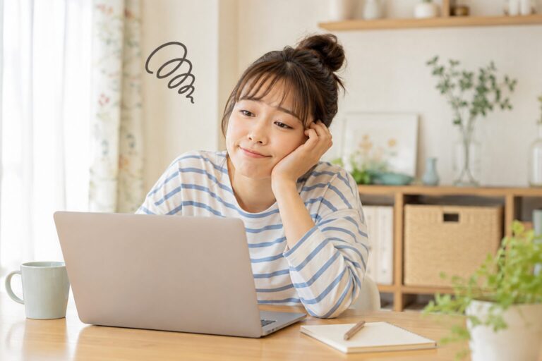 スマートフォンの画面に向かい、同じ返事が続いて少し疲れた表情でひと息ついている女性