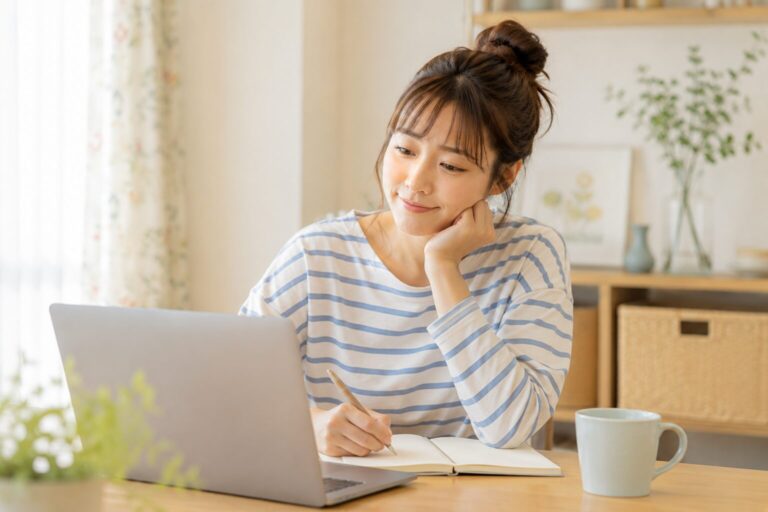 落ち着いた様子でスマートフォンに向かい、AIへの伝え方を自分で整えている女性