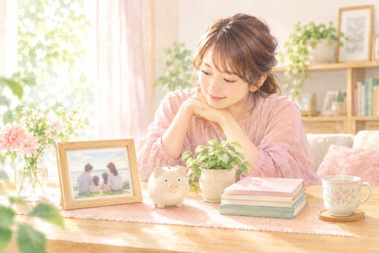 家族の写真や本、貯金箱など大切にしたいものをテーブルに並べて、やさしい表情で眺める女性