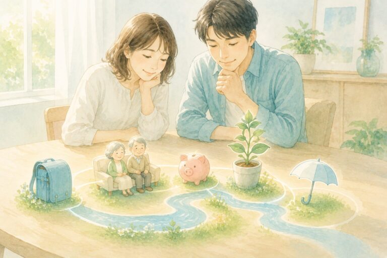 教育費・老後・貯蓄・投資・保険が一つの流れでつながる様子を、夫婦がテーブルで一緒に眺めるイメージ