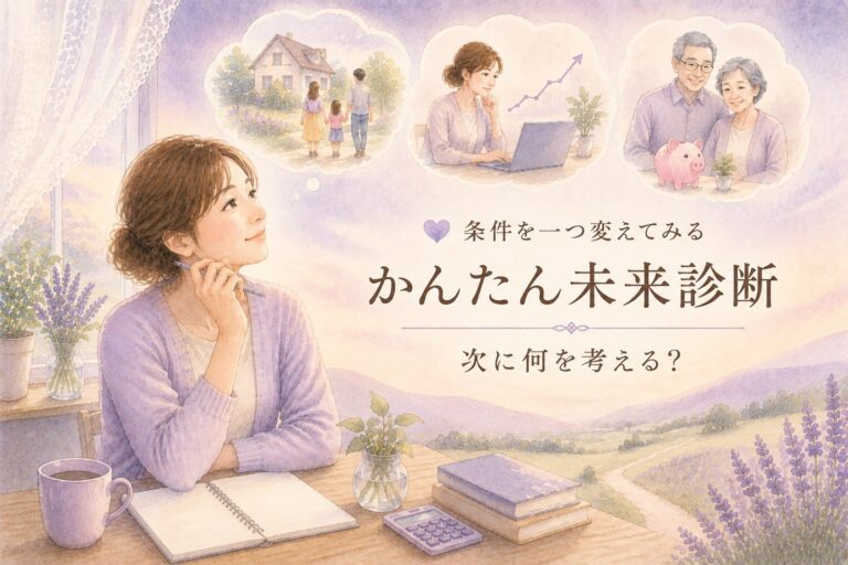 かんたん未来診断の案内。窓辺でノートを開いた女性の上に、家族の暮らし・仕事・老後の場面が浮かんでいる