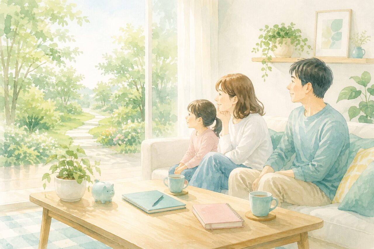 朝の光が差し込むリビングで、家族3人が窓の外に続く緑の小道を眺めながら穏やかに過ごす様子
