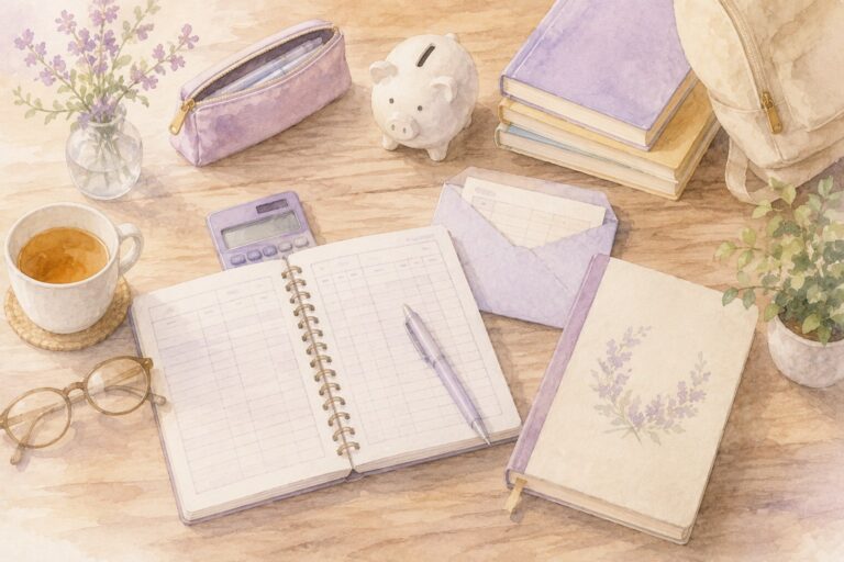 家計簿・保険の封筒・貯金箱・教科書・エンディングノートなど、相談で話せる話題を表す小物が並んだテーブル