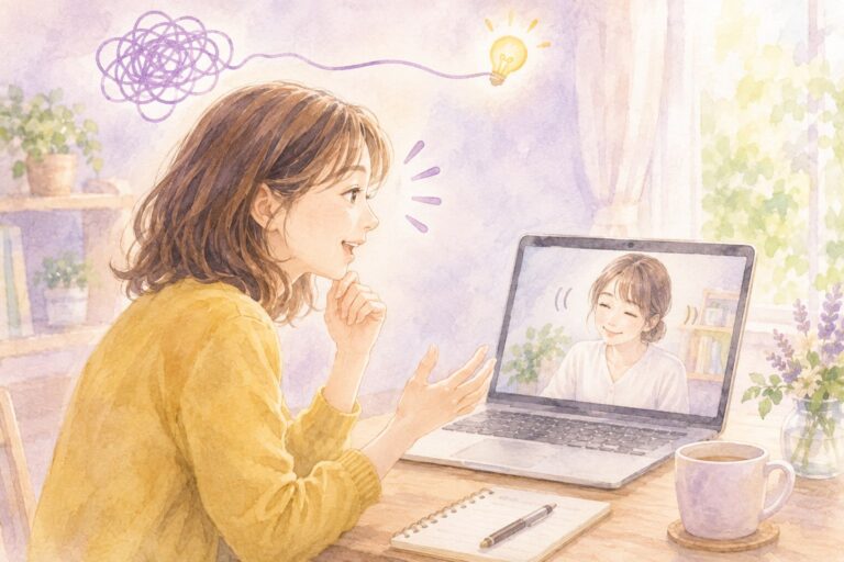 オンラインで話しながら、自分が気になっていたことに気づいた表情の女性と、画面の中でうなずく相談相手