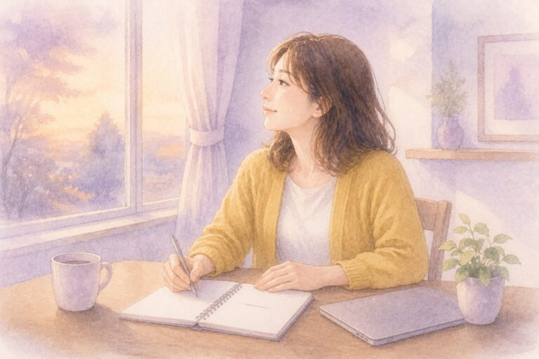 窓辺でノートに次に考えることを一つ書き留め、少し前を向いている女性