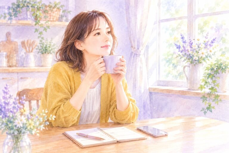 朝の窓辺でマグカップを持ち、これからのお金や暮らしのことをふと考えている女性