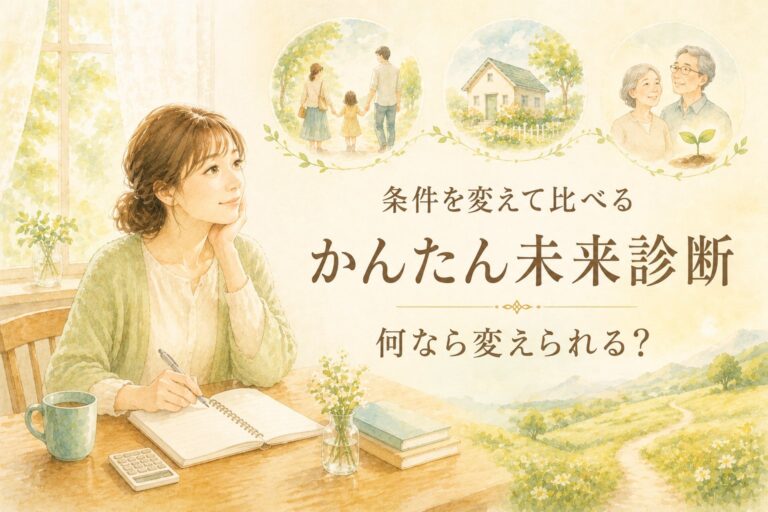 かんたん未来診断の案内。窓辺でノートを開いた女性の先に、親子の暮らし・家・年配の夫婦の場面が浮かび、丘のあいだの道が明るい空へ続いている