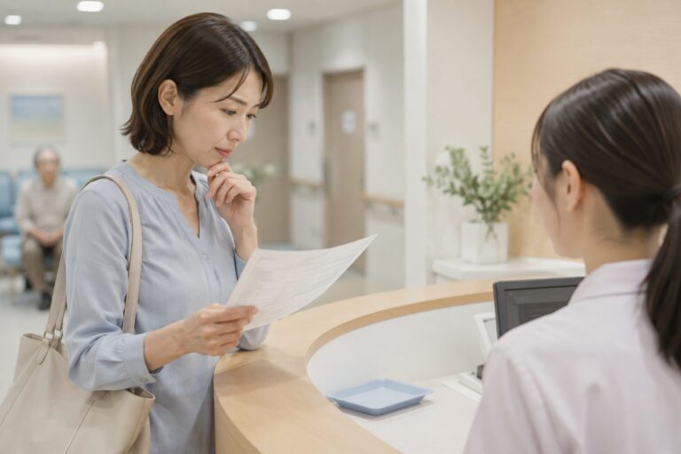 病院の会計窓口で医療費の明細を見ながら、これからの負担を考える人