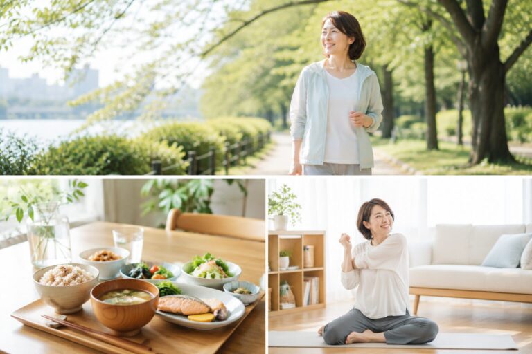 朝の散歩やバランスのよい食事など、日頃から健康を意識して過ごす暮らしの様子