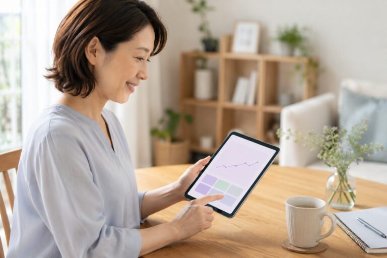 自宅でスマホのかんたん未来診断に答え、将来のお金の流れを確認する人