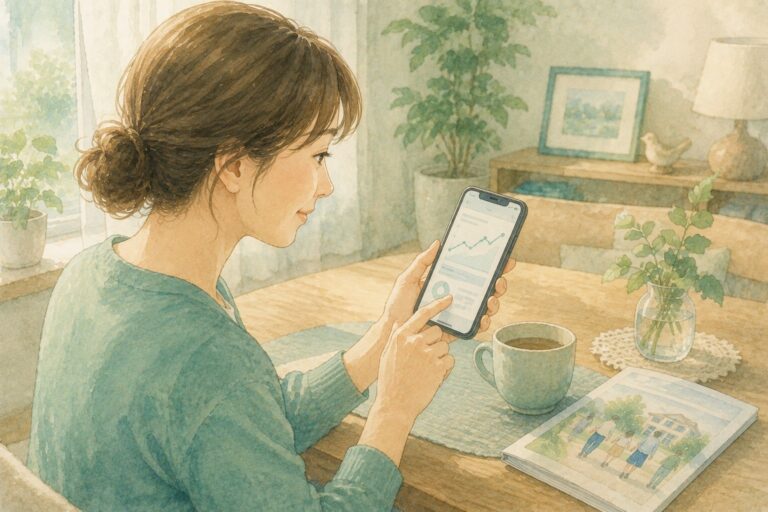自宅のテーブルで、スマホのかんたん未来診断に答えて結果のグラフを確かめている人