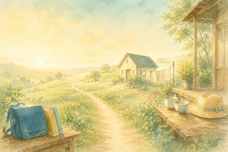 丘を登る一本道のわきに、学生かばん・小さな家・縁側の湯のみが順に並んだ、この先の暮らしのイラスト