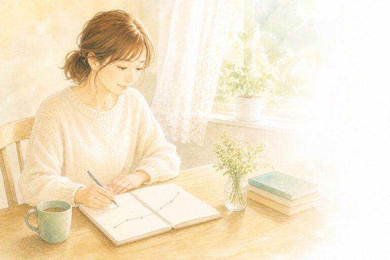 ノートに描いた右上へ伸びる線グラフを見ている女性