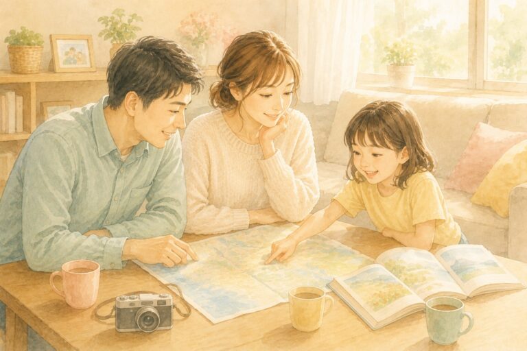 居間のテーブルで地図とガイドブックを広げ、旅行の相談をしている家族3人
