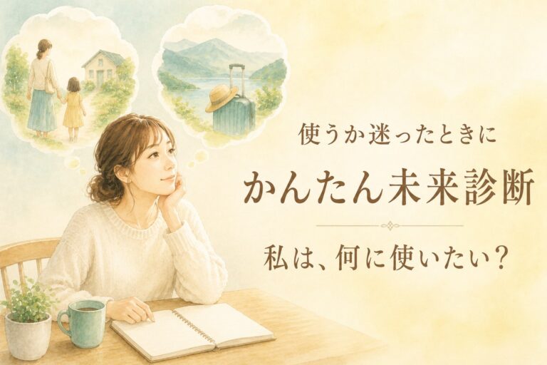 かんたん未来診断の案内。ノートを前に考える女性の上に、親子の散歩と旅行の場面が浮かんでいる