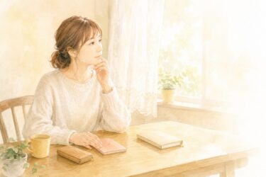 預金通帳と財布を前に、使うかどうかを考えている女性
