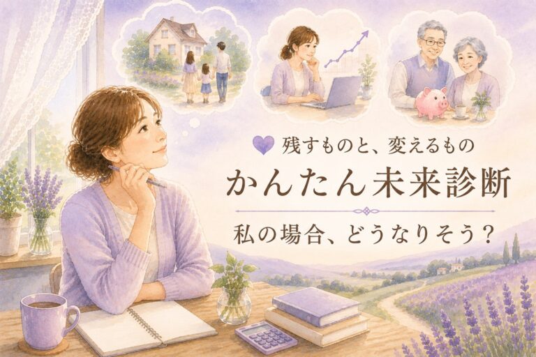 かんたん未来診断の案内。窓辺でノートを開いた女性の上に、家族の暮らし・仕事・老後の場面が浮かんでいる